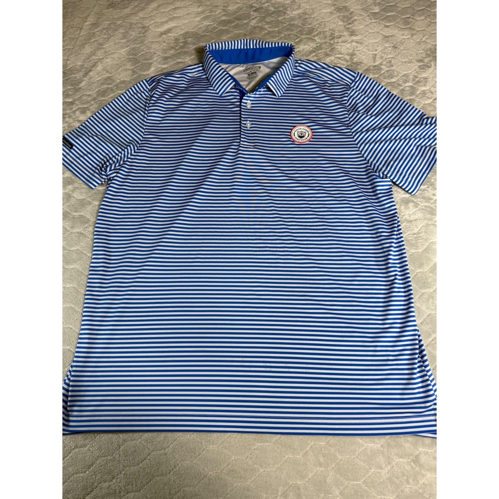 Good Good Golf Club Mens XL Blue Striped Performance Polo Shirt Fighting Par